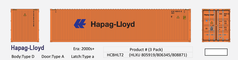 HCBHLT2 - Aurora HO 40ft,  Containers 3-Pack Hapag-Lloyd Small Logo