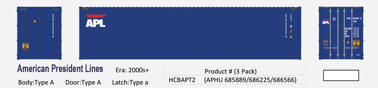 HCBAPT2 - Aurora HO 40ft, Containers 3-Pack, APL Small Logo