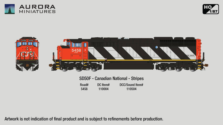 110504 - Aurora Miniatures -- SD50F Canadian National Stripes #5458 DCC/Sound