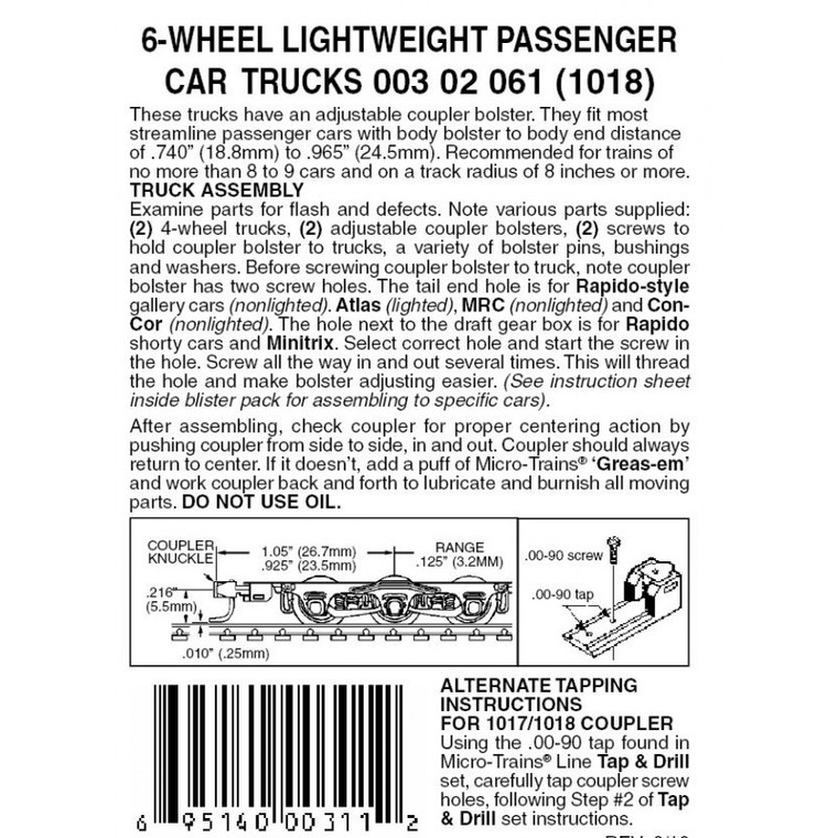 1018 - N Scale 6 wheel passenger car trucks with assembled, adjustable Magne-Matic® couplers