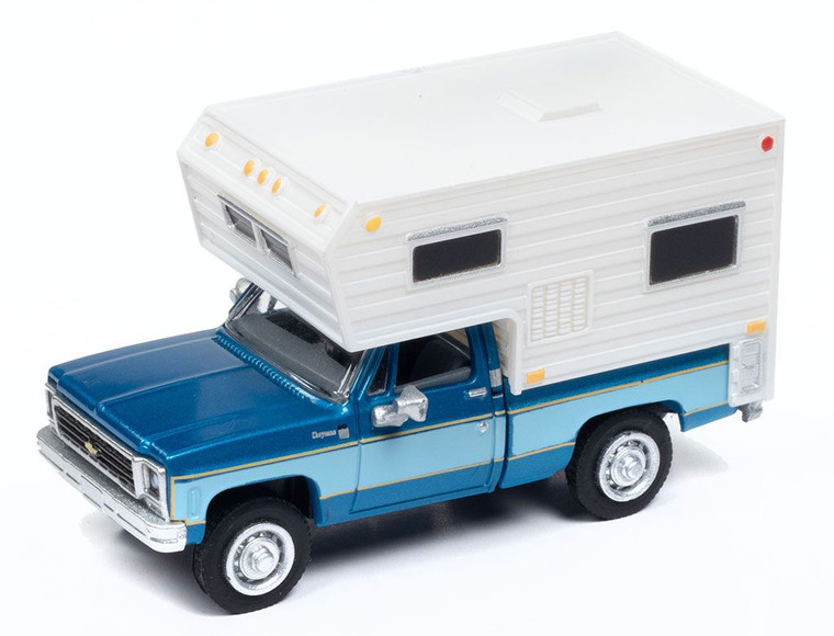30674 - Classic Metal Works HO 1977 Chevrolet Fleetside Camper Pickup Truck - Assembled -- Bright Blue Poly & Light Blue
