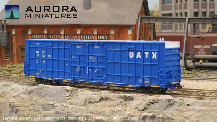 306039 - Aurora Miniatures -- HO Scale Greenbrier 7550 cf 60’ Plate F Boxcar - BKTY (GATX Blue) #157637