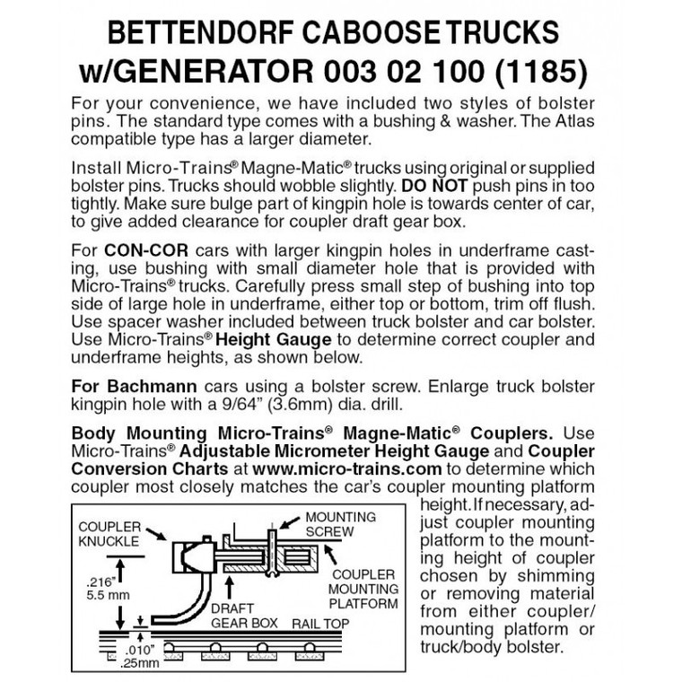 1185 - N Scale Swing Motion Caboose Truck w/ Generator, no coupler