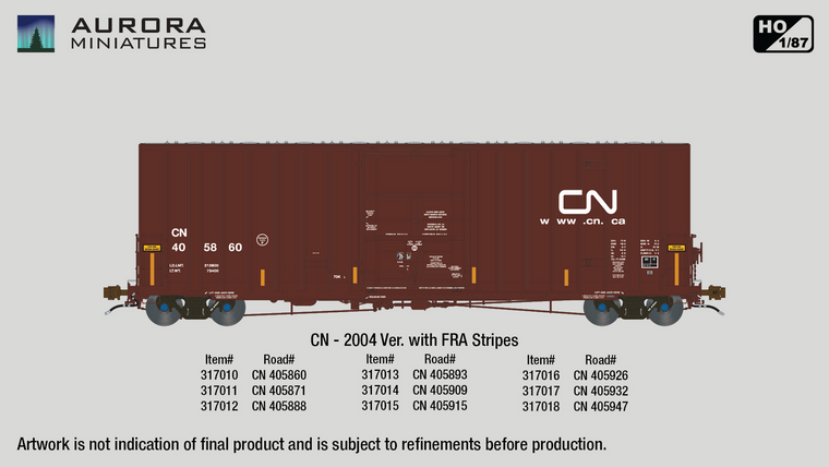 317015 - Aurora Miniatures -- HO Scale Transcona Shops 50' Plate F Boxcar 1st Run - CN 2004 Version w/ Stripes #405915