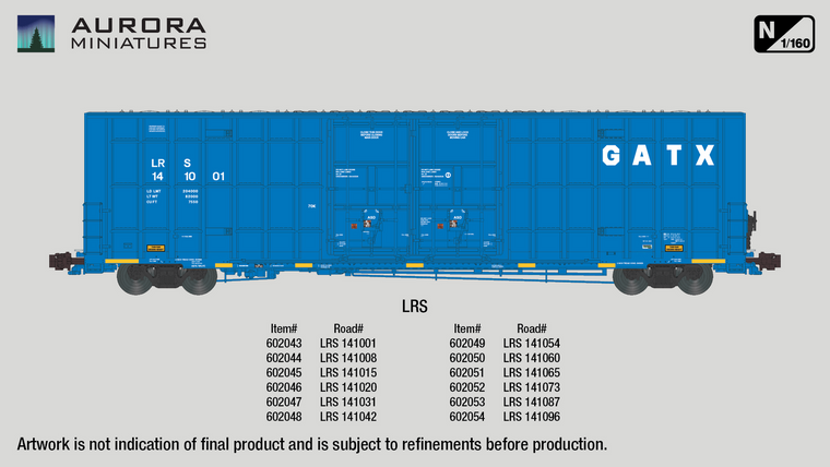 602045 - Aurora Miniatures -- N Scale Greenbrier 7550 cf 60’ Plate F Boxcar - LRS (GATX Blue) #141015