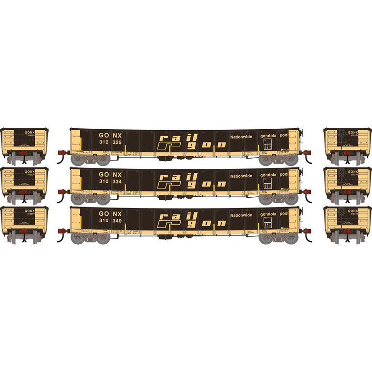 ATH-2722 - Athearn CarKnocker HO Deformed 2494 RailGon Gondola Primed For Grime - Railgon - Factory Lettering, FRA Reflectors GONX #310325/310334/310340 - 3 Pack