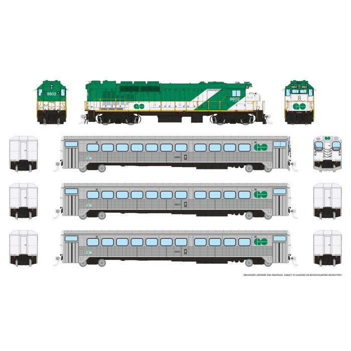 226503 - Rapido Trains - HO GP40TC GO Transit Set Early Green Set #1 (Loco: 9802 Cab: 9850 Coaches: 9907 9940) DCC/Sound