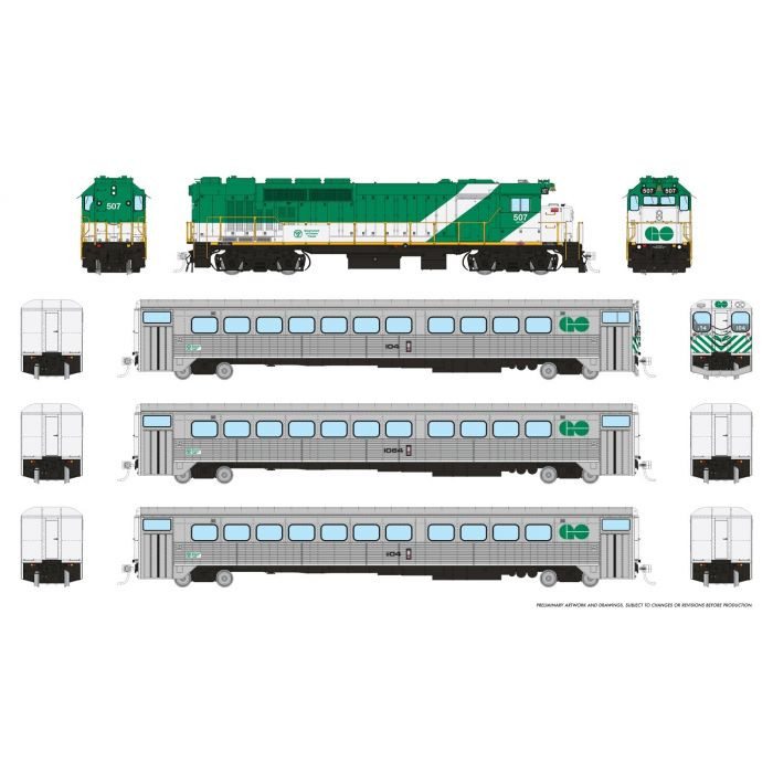 226508 - Rapido Trains - HO GP40TC GO Transit Set Late Green Set #2 (Loco: 507 Cab: 104 Coaches: 1064 1104) DCC/Sound