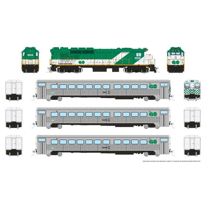226005 - Rapido Trains - HO GP40TC GO Transit Set Early Green Set #3 (Loco: 503 Cab: 102 Coaches: 1009 1045) DC/Silent