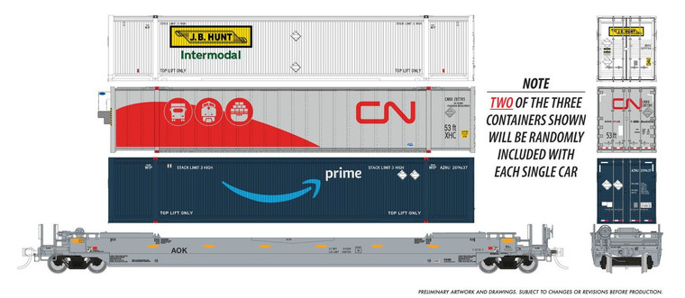 1132003 - Rapido - HO 53' Husky-Stack well car + containers: AOK: 3-Pack #2