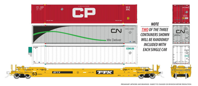 1132007 - Rapido - HO 53' Husky-Stack well car + containers (CAN): TTX - As Delivered: 3-Pack
