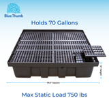 4' x 4' fountain basin, 49.5-inch square, 12-inch height, holds 70 gallons, max load 750 lbs.