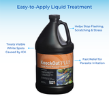 Black gallon container of "KnockOut PLUS" under blue text saying "Easy-to-Apply Liquid Treatment." Arrows highlight its benefits for fish health.