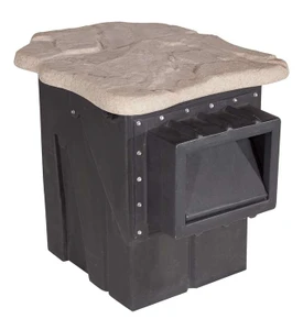 Blue Thumb Medium Elite pond skimmer with black housing, rectangular floating weir door, and natural stone-look landscape lid