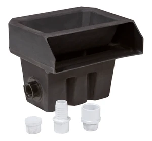 Blue Thumb Mini 10-inch DIY Cascade Box with black molded waterfall housing, integrated spillway, side inlet, and three white PVC connection fittings