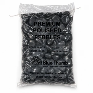 Blue Thumb 40 lb bag of black polished pebbles on a white background.