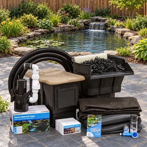 Blue Thumb Large DIY Pond Kit components displayed on a stone patio in front of a landscaped garden pond with a waterfall.