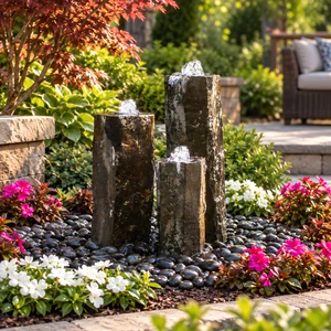 Triple Hollowed-Out Basalt Fountain Kit featuring three natural stone columns with bubbling water, polished black river pebbles, and colorful garden landscaping. --AI