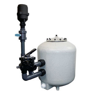 Pressurized Filters Evolution Aqua's K1 Micro Bead Filtration System - Image of a large, gray water filtration tank with attached black pipes and a control valve, used for pool filtration systems. Clean, industrial look.