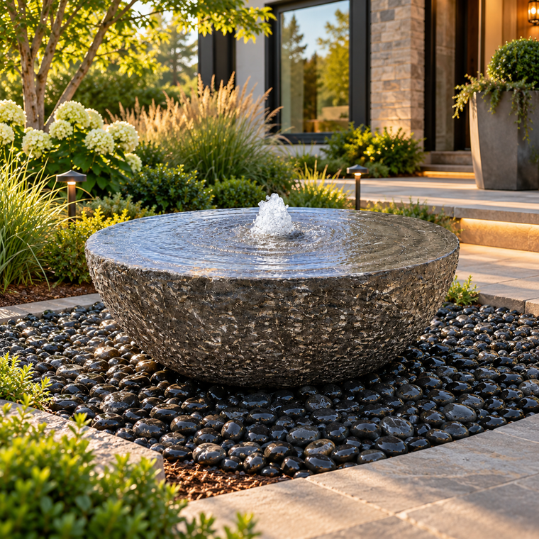 Blue Thumb Natural Bowl Fountain with bubbling water and textured dark stone finish, surrounded by black polished pebbles in a luxury modern courtyard landscape.
