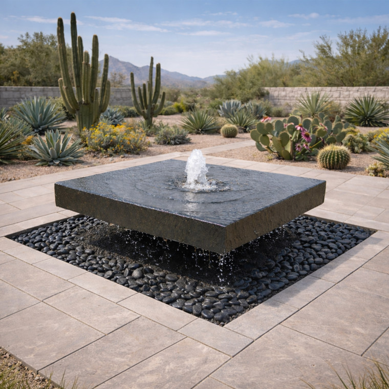 Smooth-sided Zenshu basalt table fountain 40x40 inch with 12 inch center basalt stand and hidden underground basin installation, in a  Desert Garden setting.