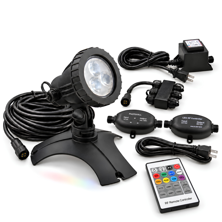 IllumiGlow color-changing pond light kit with weighted RGB spotlight, 30-foot cord, transformer, splitter, photocell, RF controller and remote.