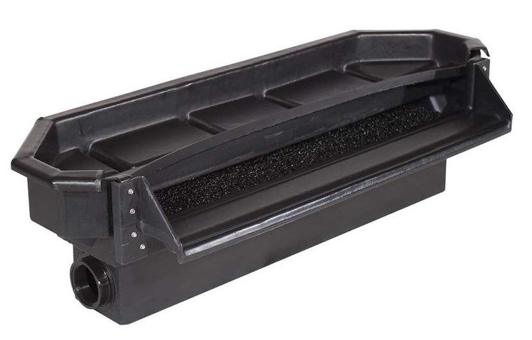 Black Extra Large 40-inch Elite Cascade Falls Box showing its wide spillway, Matala diffuser mat and side plumbing connection