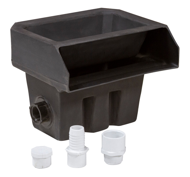 Blue Thumb Mini 10-inch DIY Cascade Box with black molded waterfall housing, integrated spillway, side inlet, and three white PVC connection fittings