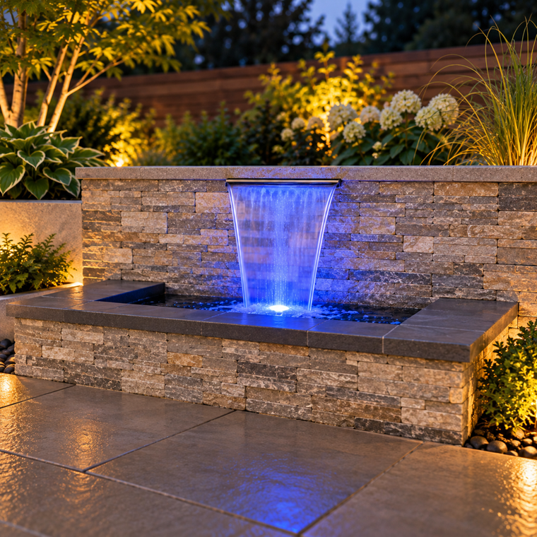 Blue Thumb Small Formal Falls Kit with Light featuring a 16-inch stainless steel spillway, smooth sheet waterfall, and single blue LED basin light in a modern stone retaining wall. --AI