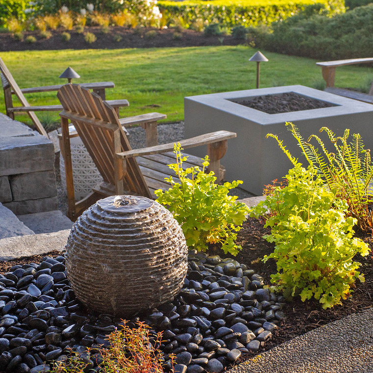 16-inch ribbed sphere gray granite fountain