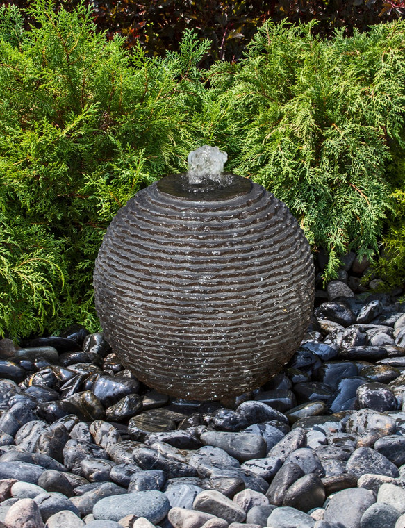 Fountains Small Ribbed Black Limestone Sphere - Granite Fountain Kit