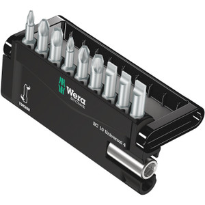 Wera 1/4" Bit Set, C6, Torsion, Phillips, Pozidriv, & Slotted, 9 pcs w/ Storage Case & Magnetic Bit Holder (Bit-Check 10 Universal 4)