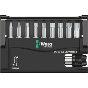 Wera 1/4" Bit Set, C6, Torsion, Torx®, 9 pcs w/ Storage Case & Quick-Release Bit Holder (Bit-Check 10 Torx Universal 1)