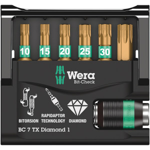 Wera 1/4" Bit Set, C6, BiTorsion Diamond Coated, Torx®, 6 pcs w/ Storage Case & Rapidaptor Bit Holder (Bit-Check 7 Torx Diamond 1)