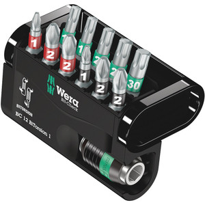 Wera 1/4" Bit Set, C6, BiTorsion, Phillips, Pozidriv & Torx®, 11 pcs w/ Storage Case & Rapidaptor Bit Holder (Bit-Check 12 BiTorsion 1)