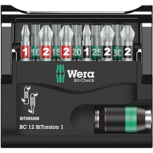 Wera 1/4" Bit Set, C6, BiTorsion, Phillips, Pozidriv & Torx®, 11 pcs w/ Storage Case & Rapidaptor Bit Holder (Bit-Check 12 BiTorsion 1)