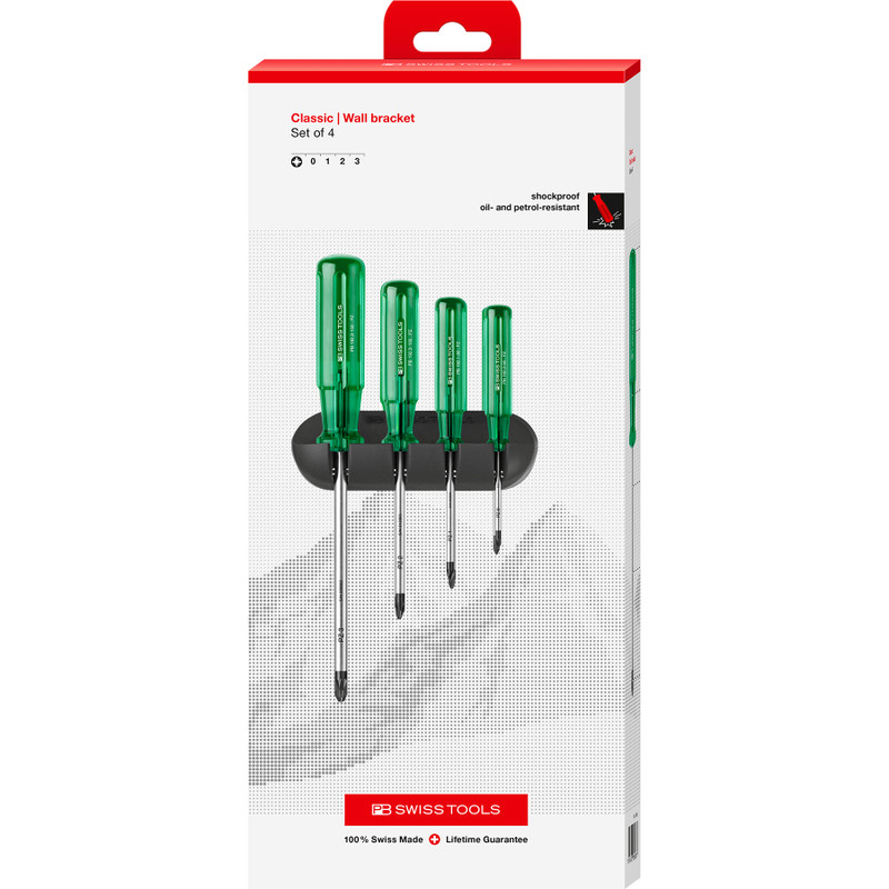 PB Swiss Classic Screwdriver Set, Pozidriv, 4 pcs w/ Wall Mount (PB 243.CBB)