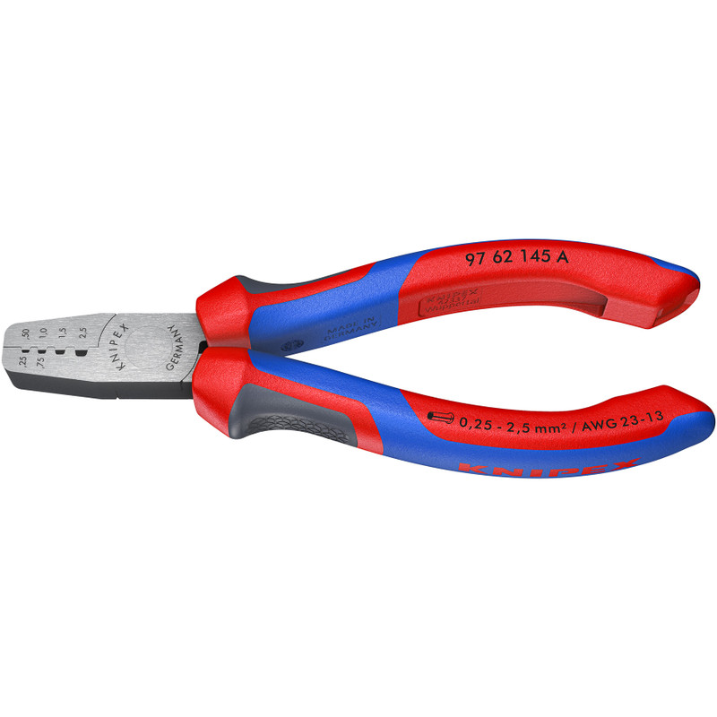 KNIPEX Crimping Pliers, Comfort-Grip, for Wire Ferrules, 5–3/4" (97 62 145 A)