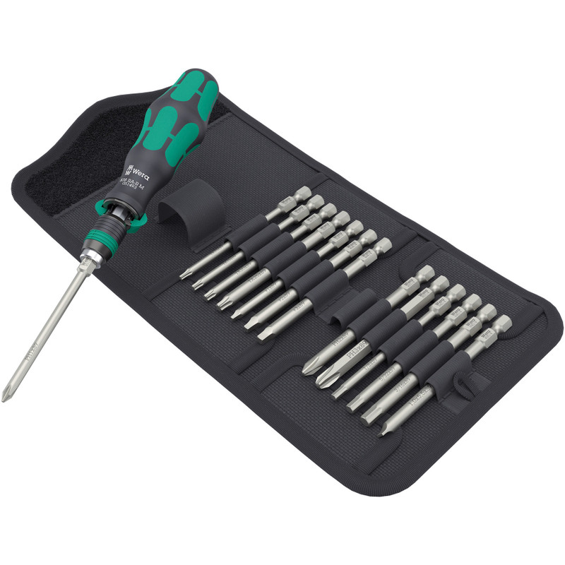 Wera Kraftform Kompakt Ratcheting Bit Screwdriver Set, Rapidaptor, Assorted, 15 pcs w/ Storage Case (KK RA M Imperial 1)