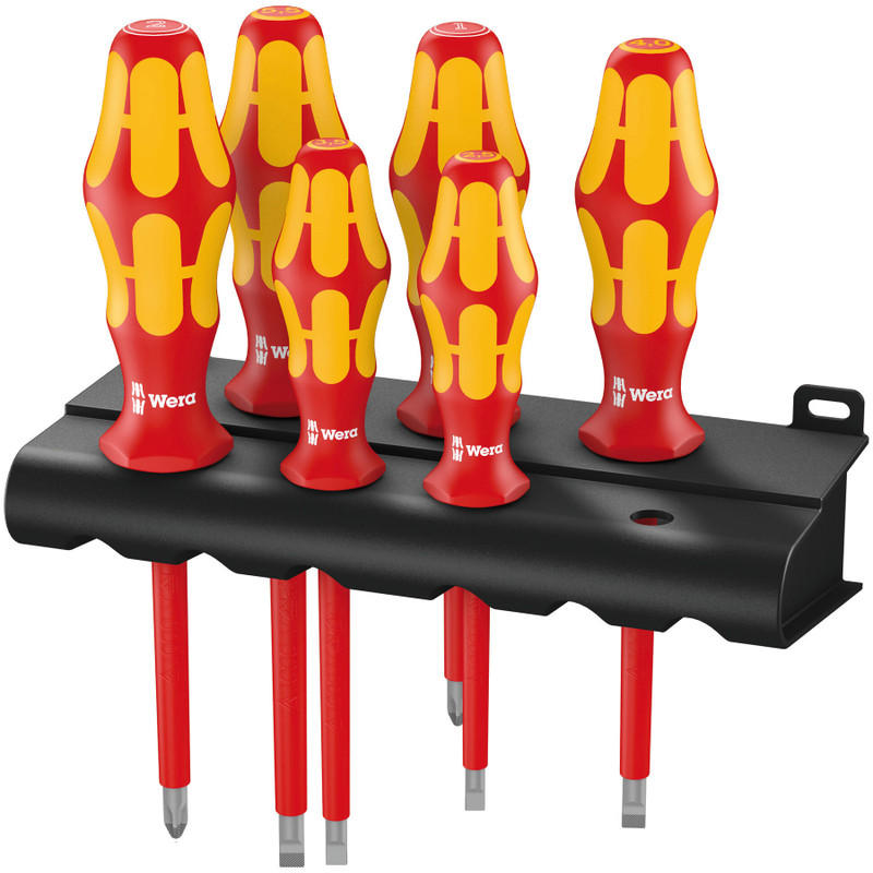 Wera Kraftform Plus VDE Insulated Screwdriver Set, Slotted & Phillips, 6pcs w/ Storage Rack (160 i/6 Rack)
