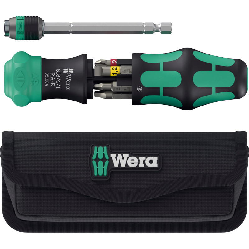 Wera Kraftform Kompakt Ratcheting Bit Screwdriver w/ Bit Magazine, Retractable Rapidaptor, Slotted, Phillips & Robertson, w/ Storage Case (KK 26 RA-R)