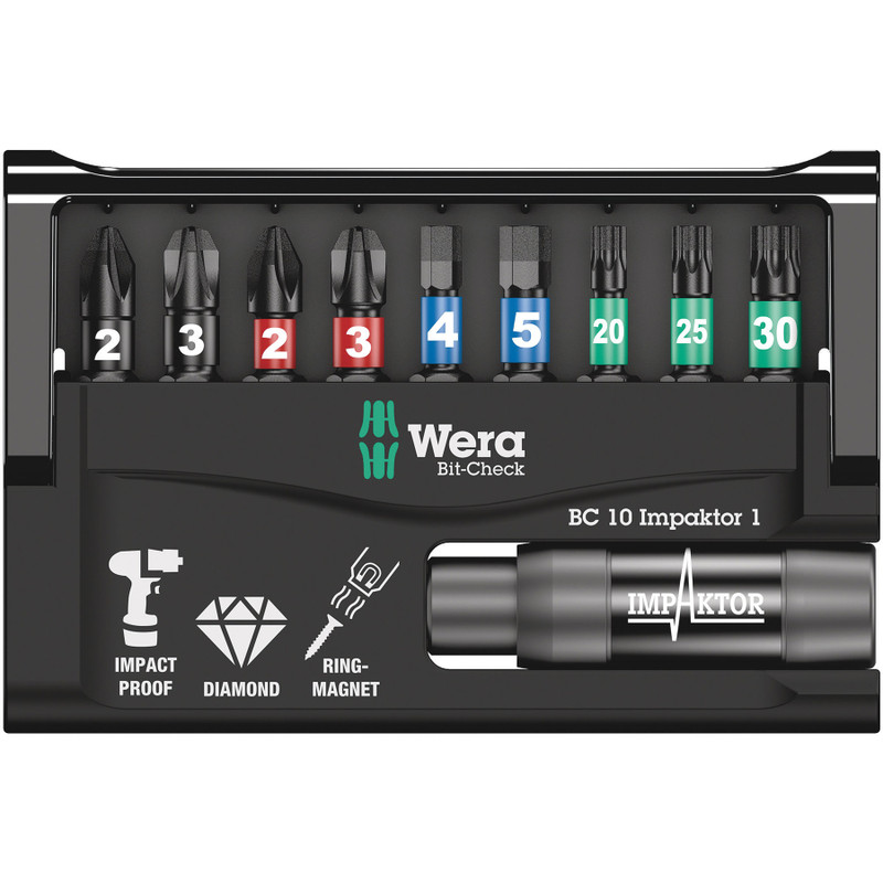 Wera 1/4" Bit Set, C6, Impaktor, Assorted, 9 pcs w/ Storage Case & Impaktor Bit Holder (Bit-Check 10 Impaktor 1)
