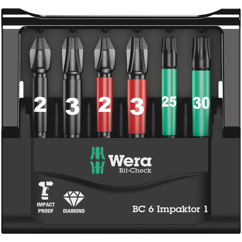 Wera 1/4" Bit Set, E6, Impaktor, Phillips, Pozidriv & Torx®, 6 pcs w/ Storage Case (Bit-Check 6 Impaktor 1)