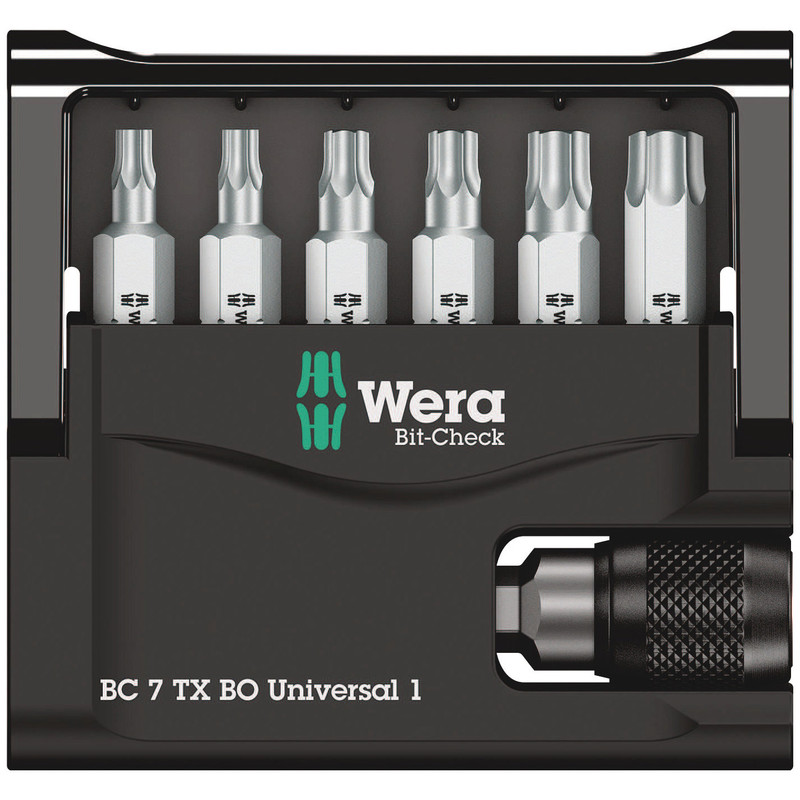 Wera 1/4" Bit Set, C6, Security Torx®, 6 pcs w/ Storage Case & Quick-Release Bit Holder (Bit-Check 7 Torx BO Universal 1)