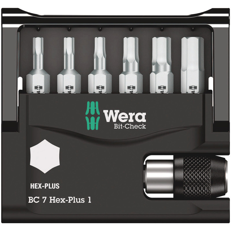 Wera 1/4" Bit Set, C6, Hex, 6 pcs w/ Storage Case & Quick-Release Bit Holder (Bit-Check 7 Hex-Plus 1)