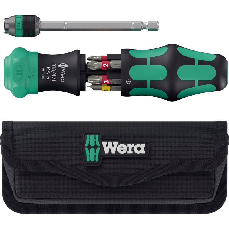 Wera Kraftform Kompakt Ratcheting Bit Screwdriver w/ Bit Magazine, Retractable Rapidaptor, Slotted & Phillips, w/ Storage Case (KK 25 RA-R)