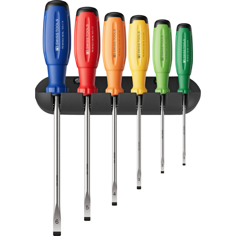PB Swiss SwissGrip Evo Screwdriver Set, Rainbow, Slotted, 6 pcs w/ Storage Rack (PB 38240.H RB CBB)