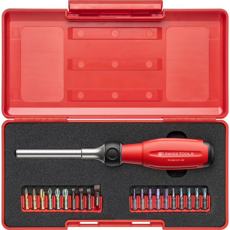 PB Swiss SwissGrip Evo Ratcheting Bit Screwdriver Set, 100 mm, w/ ToolBox & 20 Bits (PB 38510.R-100 Set)