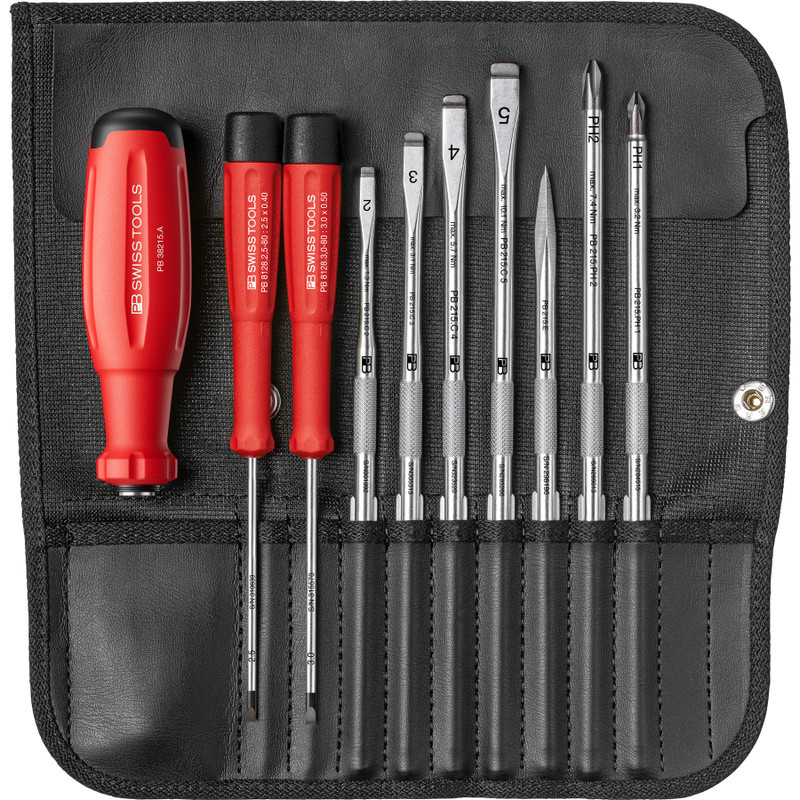 PB Swiss SwissGrip Evo Interchangeable Blade Screwdriver Set, w/ Roll-Up Leather Case (PB 38215.ind)