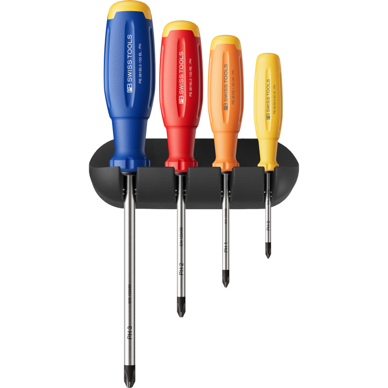 PB Swiss SwissGrip Evo Screwdriver Set, Rainbow, Phillips, 4 pcs w/ Storage Rack (PB 38242.H RB CBB)